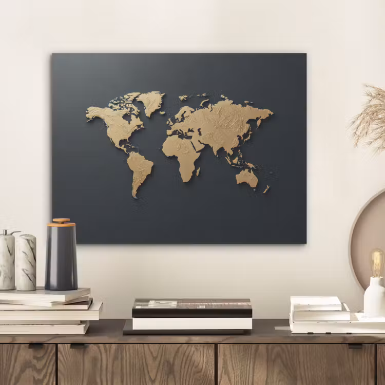 Wereldkaart - Geografische kenmerken - Zwart PET vilt klein -sfeer1