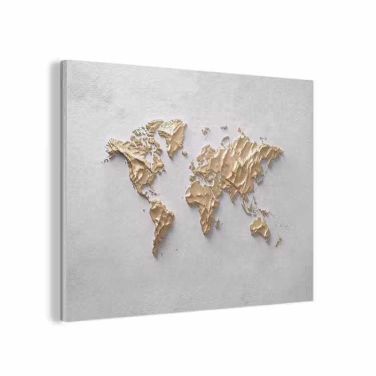 Wereldkaart - Egaal wit - Grof goud PET vilt klein -3d