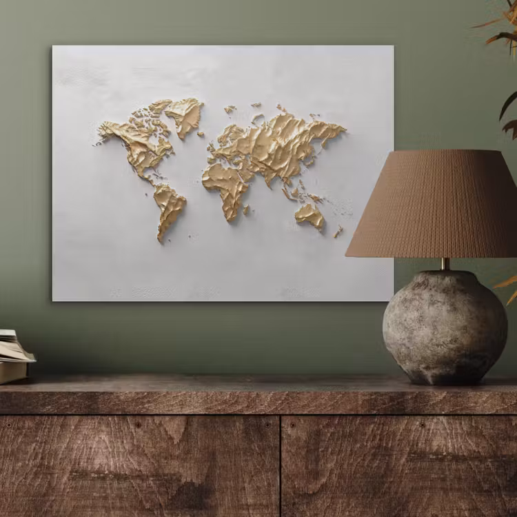 Wereldkaart - Egaal wit - Grof goud PET vilt klein -sfeer2