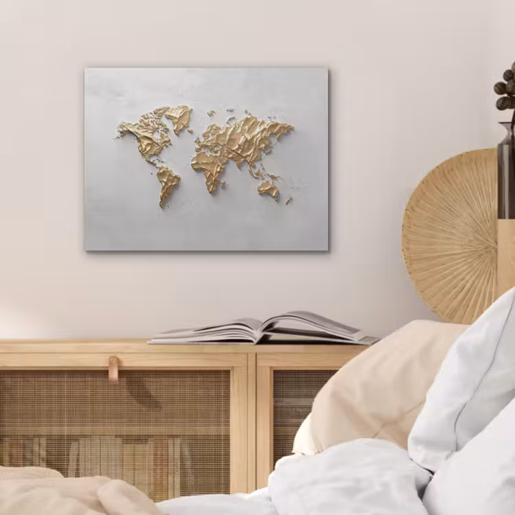 Wereldkaart - Egaal wit - Grof goud PET vilt klein -sfeer3