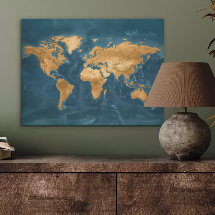 Wereldkaart - Goud - Oceaanblauw PET vilt klein -sfeer2