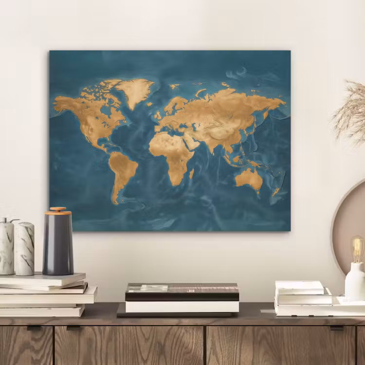 Wereldkaart - Goud - Oceaanblauw PET vilt klein -sfeer1