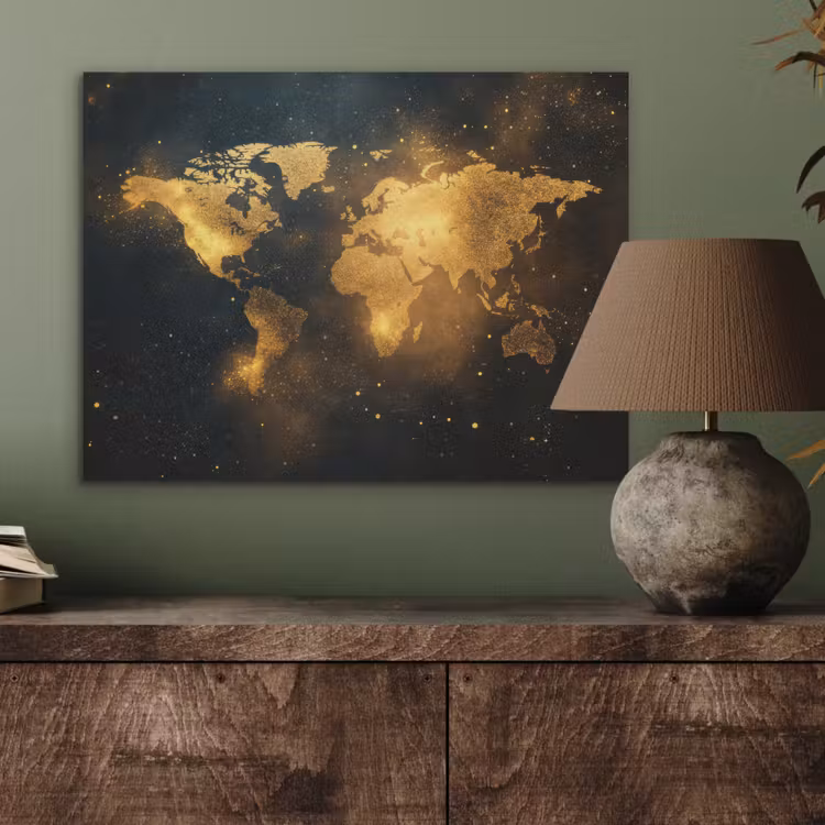 Wereldkaart - Gouden lichtpuntjes - Zwart PET vilt klein -sfeer2