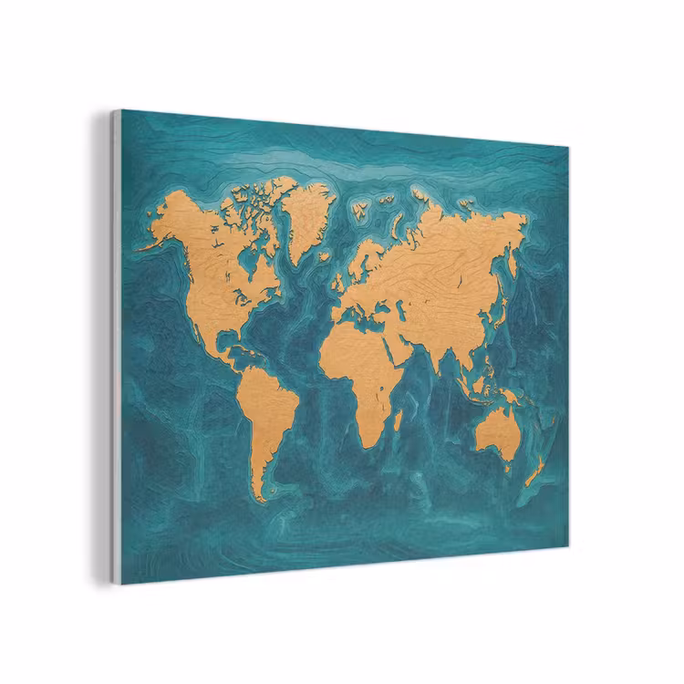 Wereldkaart - Houtsnede - Turkooisblauw PET vilt klein -3d