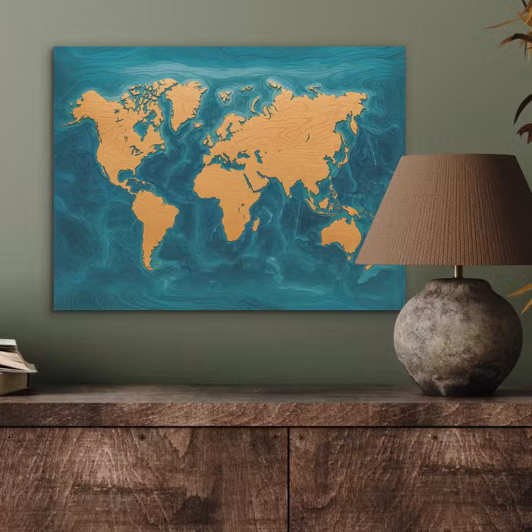 Wereldkaart - Houtsnede - Turkooisblauw PET vilt klein -sfeer2