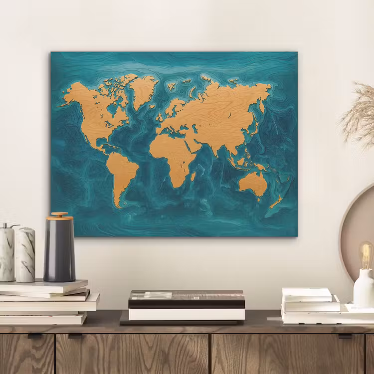 Wereldkaart - Houtsnede - Turkooisblauw PET vilt klein -sfeer1