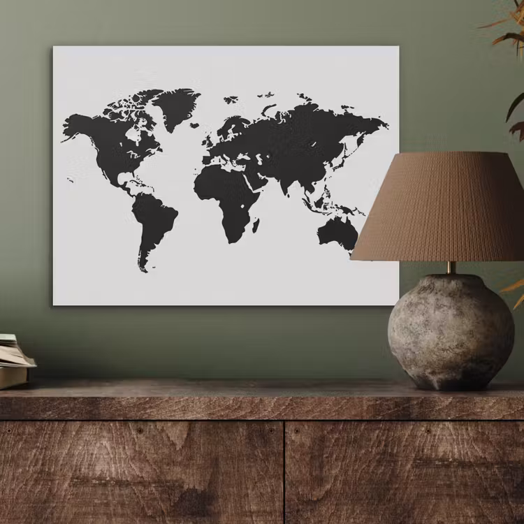 Wereldkaart - Contrast - Zwart - Wit PET vilt klein -sfeer2