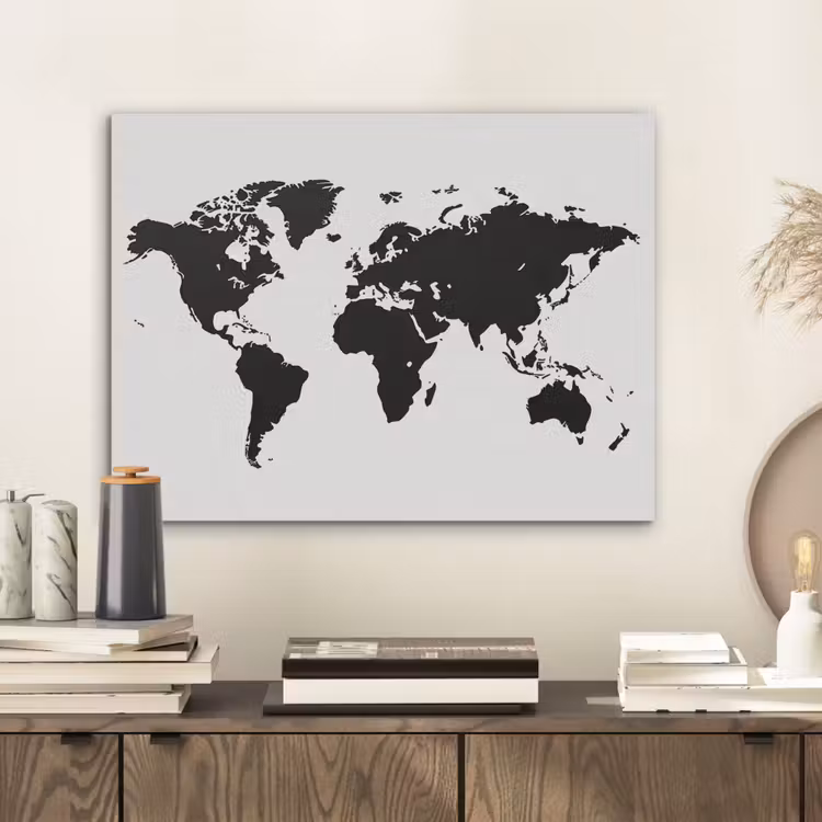 Wereldkaart - Contrast - Zwart - Wit PET vilt klein -sfeer1