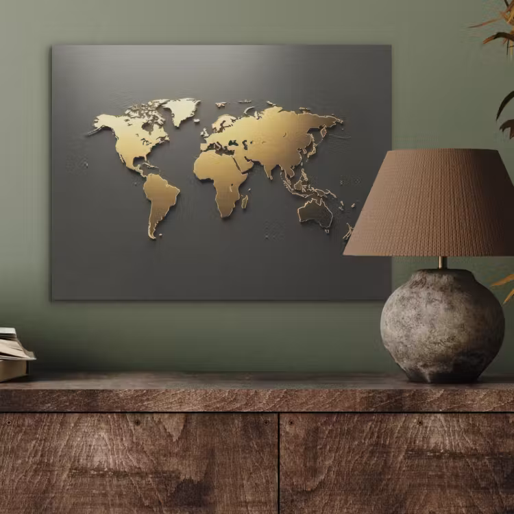 Wereldkaart - Minimalistisch - Gouden afwerking PET vilt klein -sfeer2