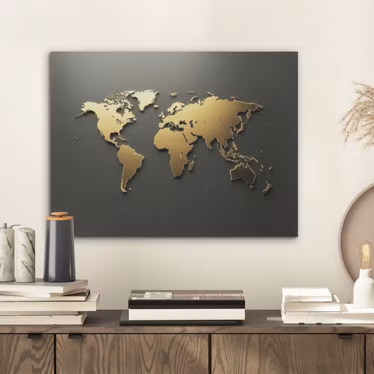 Wereldkaart - Minimalistisch - Gouden afwerking PET vilt klein -sfeer1