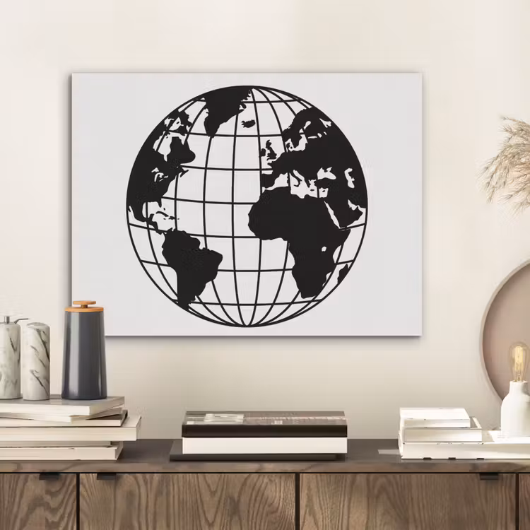 Wereldkaart - Minimalistisch - Zwart - Wit PET vilt klein -sfeer1