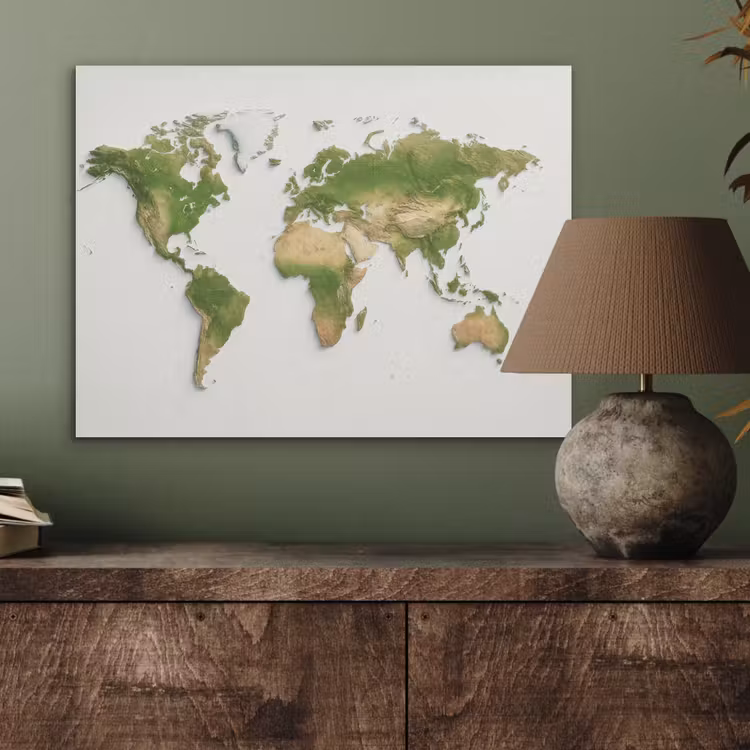 Wereldkaart - Natuurlijke kleuren - reliëfstijl PET vilt klein -sfeer2