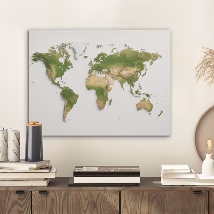 Wereldkaart - Natuurlijke kleuren - reliëfstijl PET vilt klein -sfeer1
