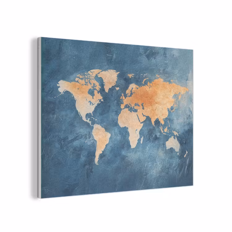 Wereldkaart - Olieverfschilderij - Blauw - Oranje PET vilt klein -3d