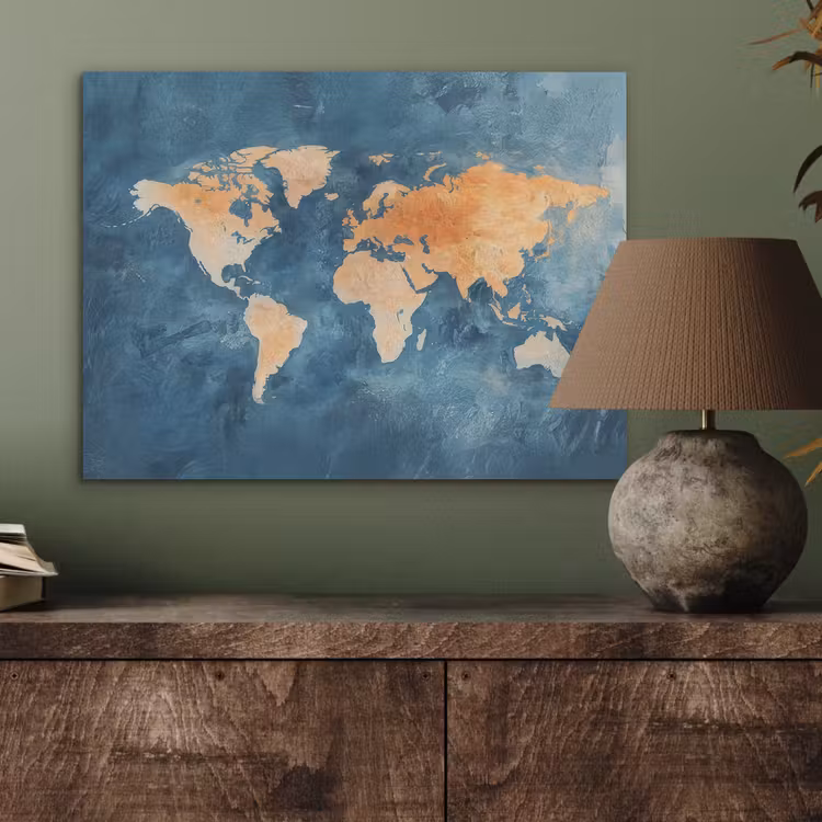 Wereldkaart - Olieverfschilderij - Blauw - Oranje PET vilt klein -sfeer2