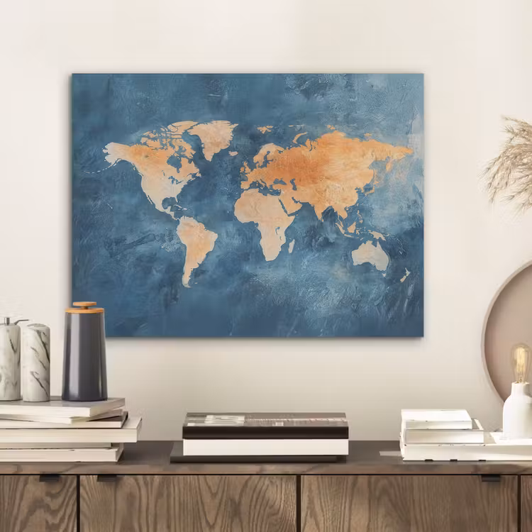 Wereldkaart - Olieverfschilderij - Blauw - Oranje PET vilt klein -sfeer1