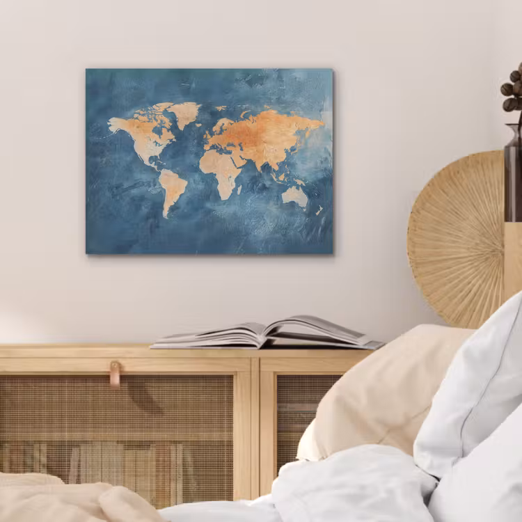 Wereldkaart - Olieverfschilderij - Blauw - Oranje PET vilt klein -sfeer3