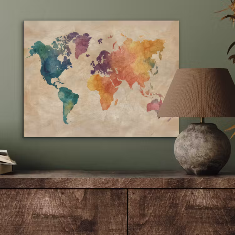 Wereldkaart - Regenboog aquarel - Papierstructuur PET vilt klein -sfeer2