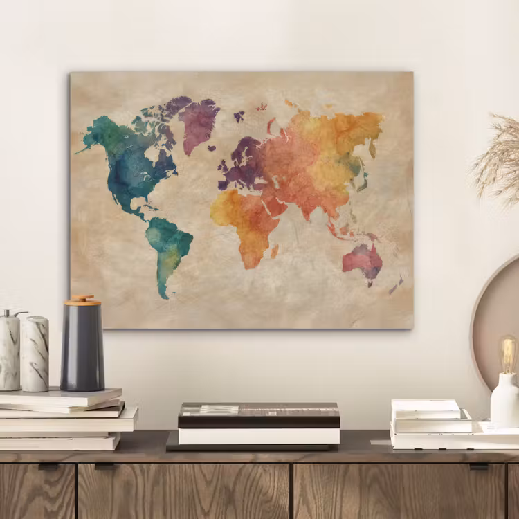 Wereldkaart - Regenboog aquarel - Papierstructuur PET vilt klein -sfeer1