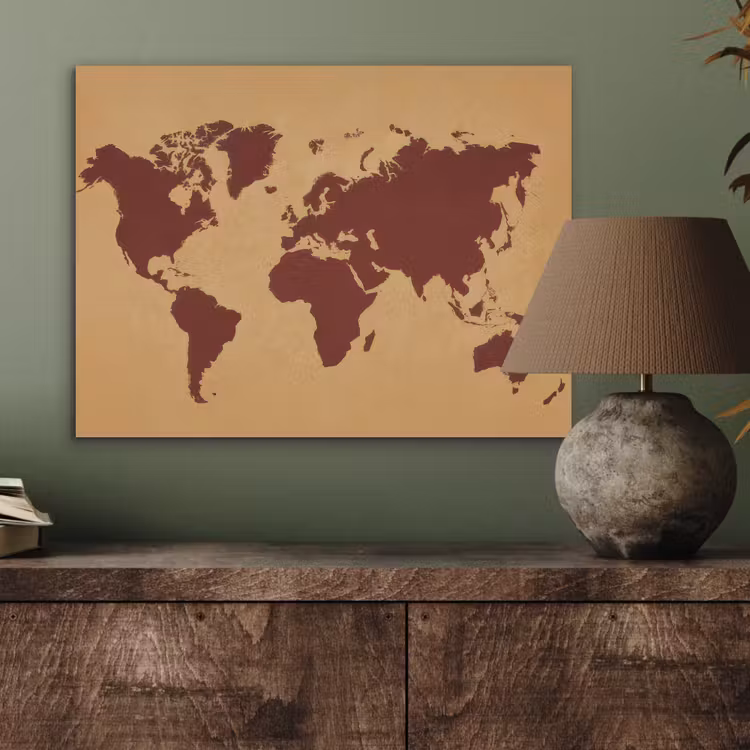 Wereldkaart - Roodbruin silhouet - Sterk kleurcontrast PET vilt klein -sfeer2