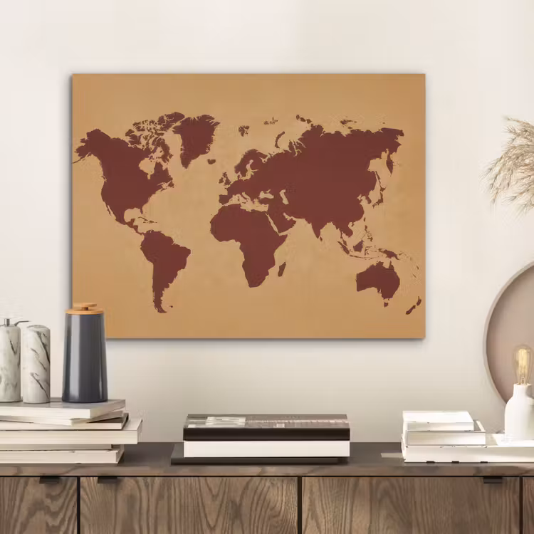 Wereldkaart - Roodbruin silhouet - Sterk kleurcontrast PET vilt klein -sfeer1