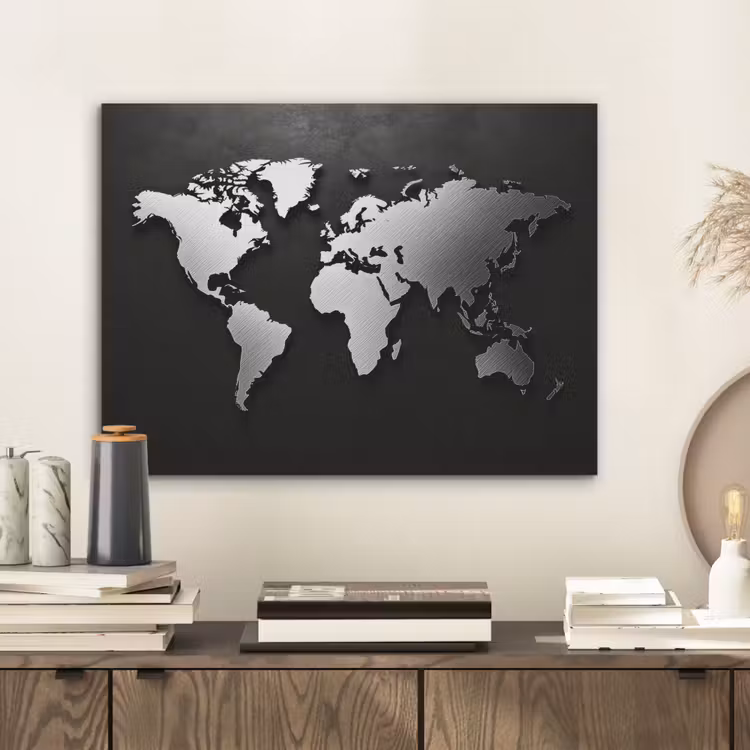 Wereldkaart - Zwart - Zilver - Metaal PET vilt klein -sfeer1