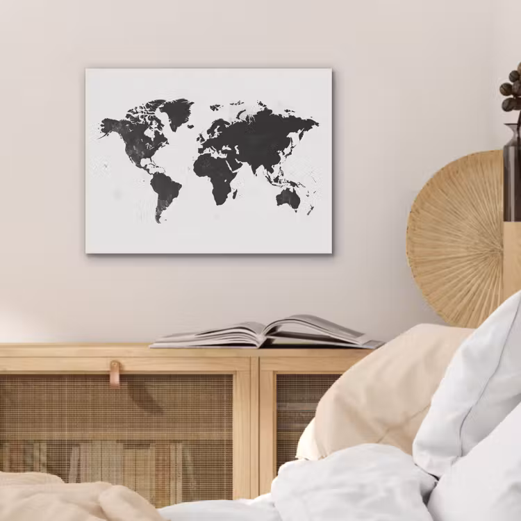 Wereldkaart - Zwart - Wit - Strak PET vilt klein -sfeer3