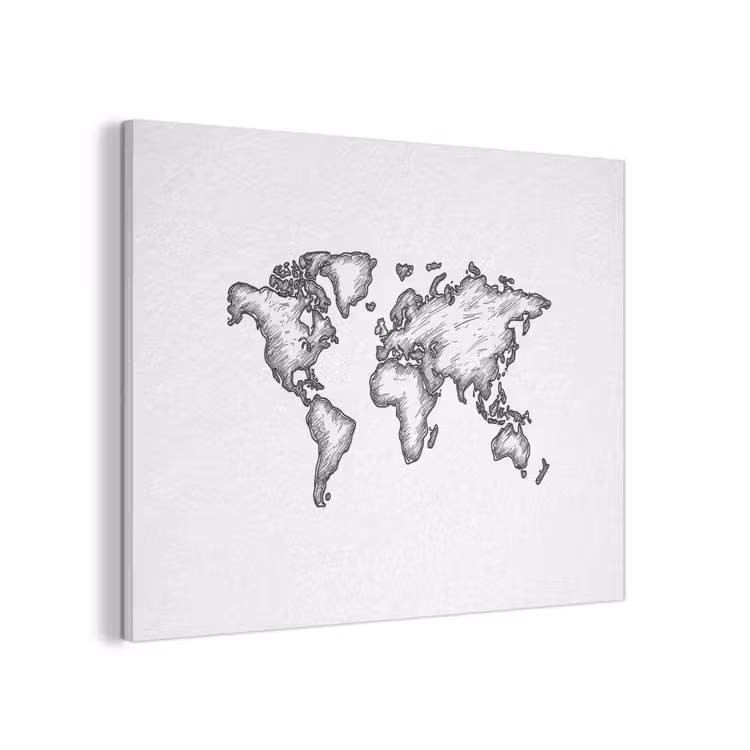 Wereldkaart - Schets - Wit - Zwart PET vilt klein -3d