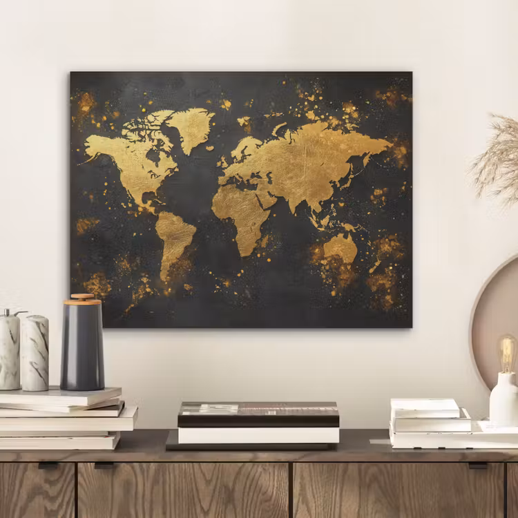 Wereldkaart - Spetters - Zwart - Artistiek PET vilt klein -sfeer1