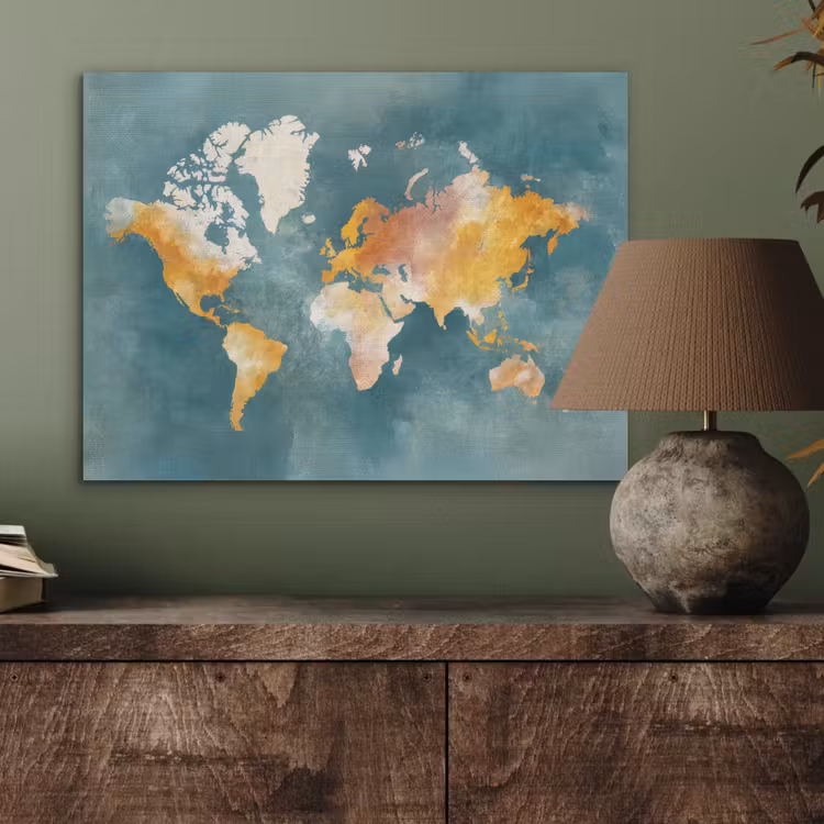 Wereldkaart - Verweerd - Blauw PET vilt klein -sfeer2