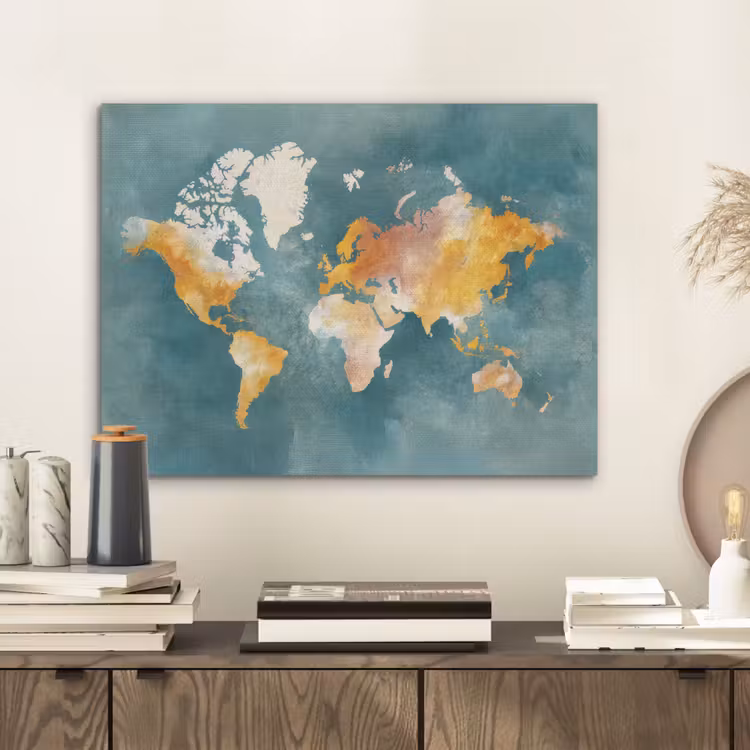 Wereldkaart - Verweerd - Blauw PET vilt klein -sfeer1