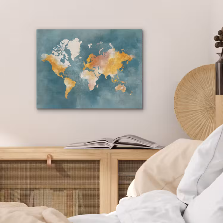 Wereldkaart - Verweerd - Blauw PET vilt klein -sfeer3
