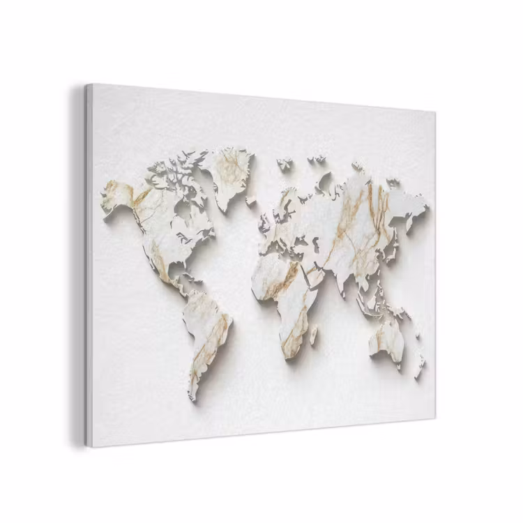 Wereldkaart - Wit Marmer - Luxueus PET vilt klein -3d