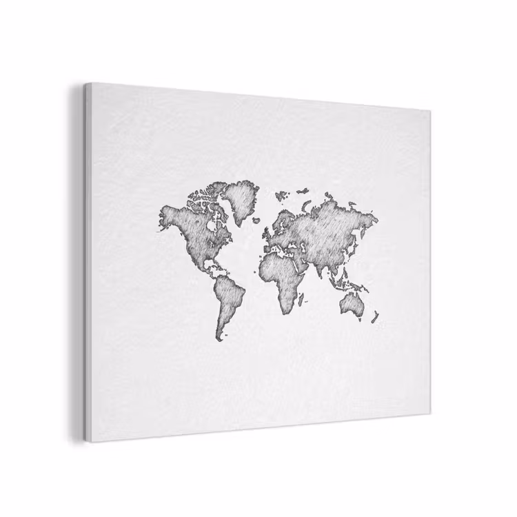 Wereldkaart - Tekening - Zwart - Wit PET vilt klein -3d
