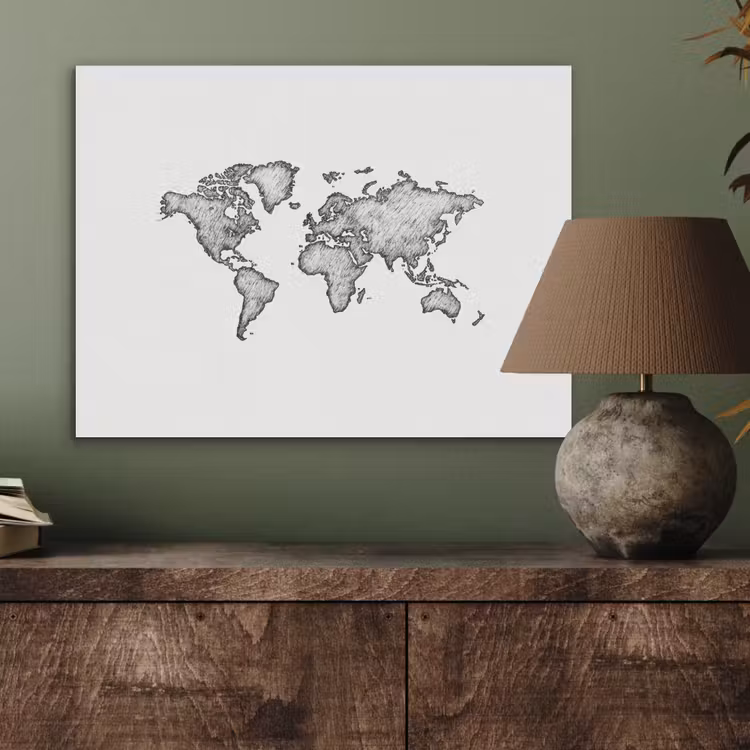 Wereldkaart - Tekening - Zwart - Wit PET vilt klein -sfeer2