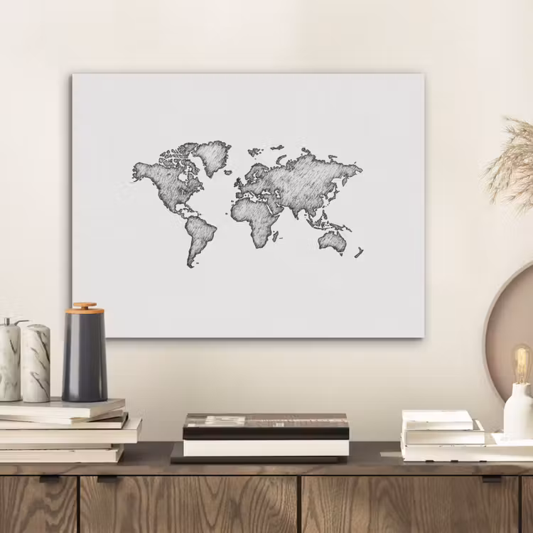 Wereldkaart - Tekening - Zwart - Wit PET vilt klein -sfeer1