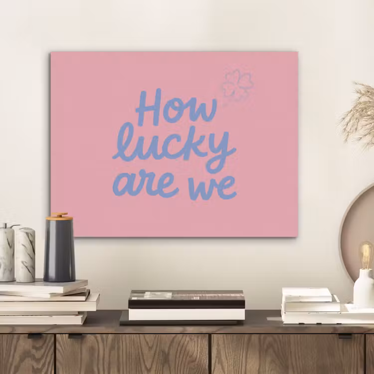 How lucky are we - Klavervier - Roze - Blauw PET vilt klein -sfeer1