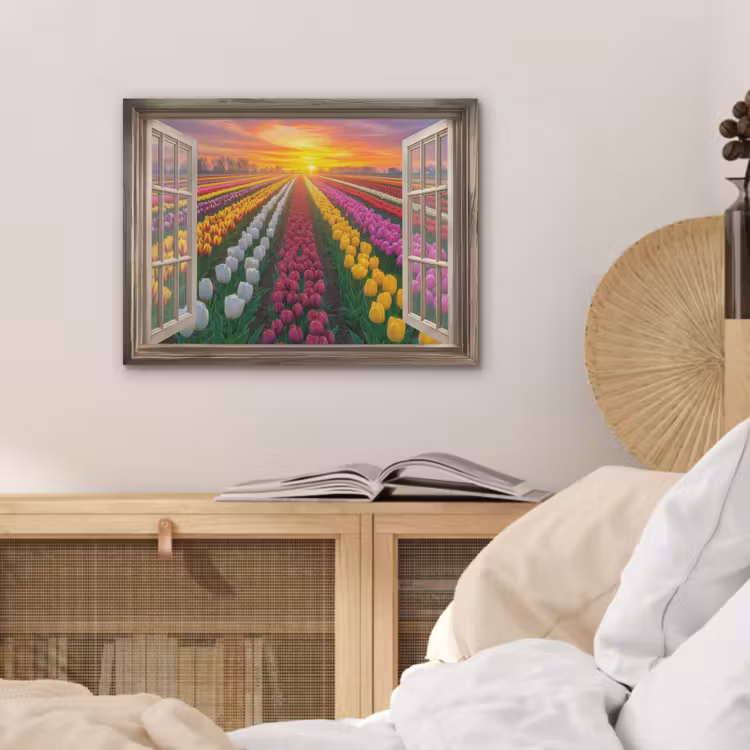 Doorkijk - Bloemen - Tulpen - Kleurrijk - Zonsondergang PET vilt klein -sfeer3