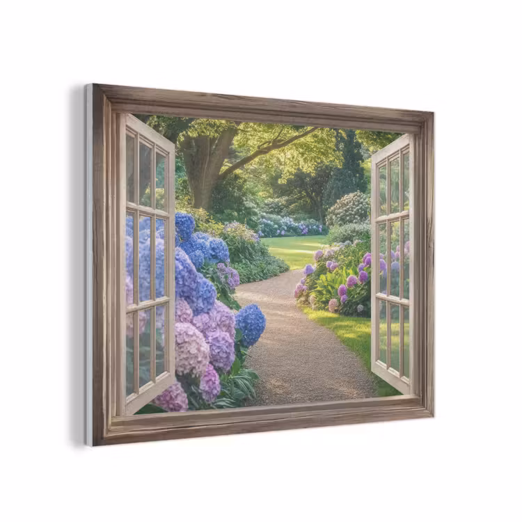 Doorkijk - Tuin - Raam - Hortensia - Bloemen PET vilt klein -3d