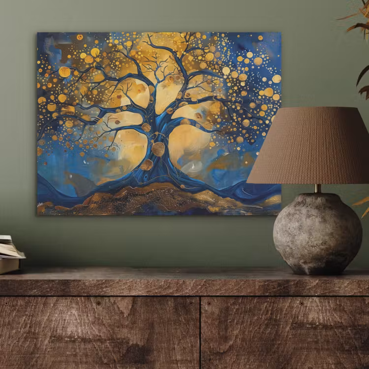 Boom - Levensboom - Blauw - Goud PET vilt klein -sfeer2