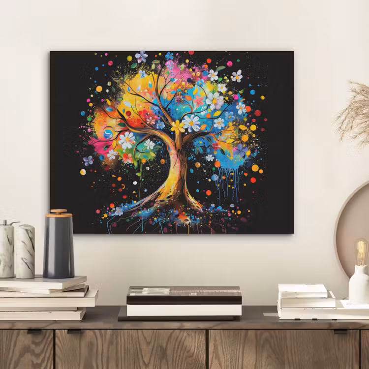 Boom - Kleurrijk - Bloemen - Zwart PET vilt klein -sfeer1