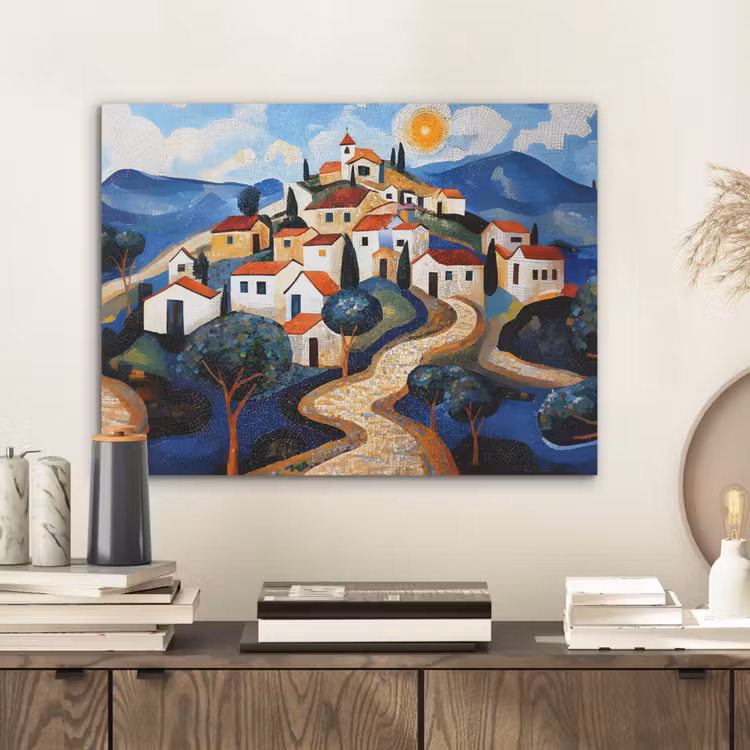 Dorp - Heuvelachtig - Zon - Mozaïek PET vilt klein -sfeer1
