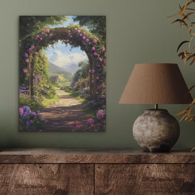 Doorkijk - Rozenboog - Uitzicht - Landschap - Bloemen PET vilt klein -sfeer2