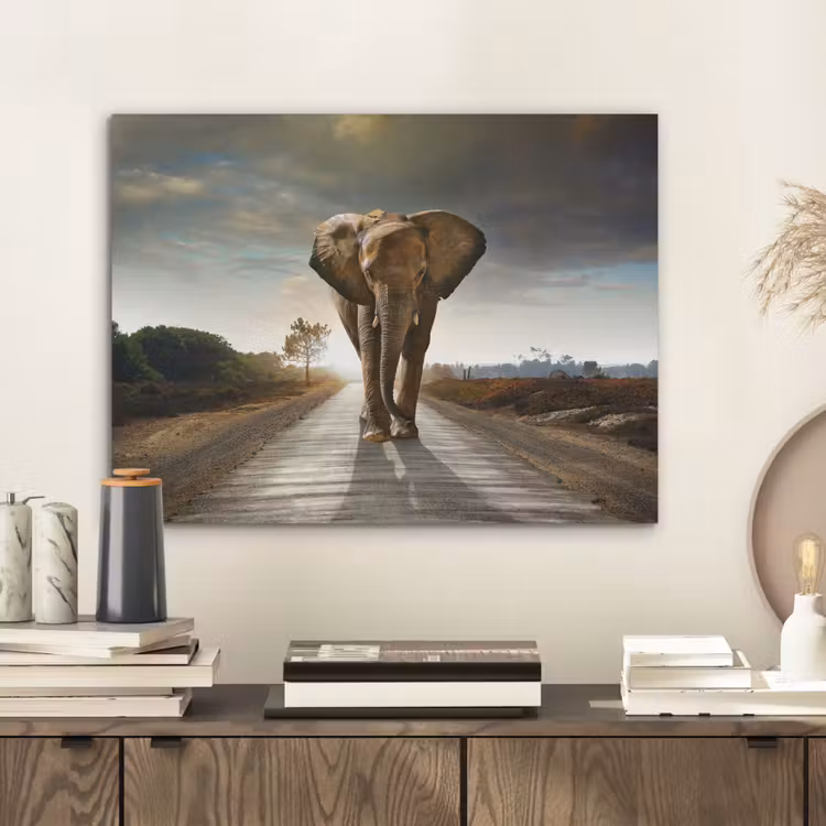 Olifant - Weg - Dieren - Zonsondergang - Landschap PET vilt klein -sfeer1