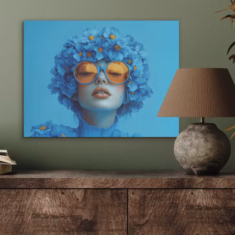 Vrouw - Bloem - Blauw - Modern - Bril - Portret PET vilt klein -sfeer2