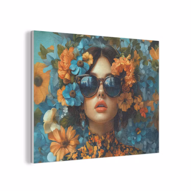 Vrouw - Bloemen - Oranje - Blauw - Modern PET vilt klein -3d