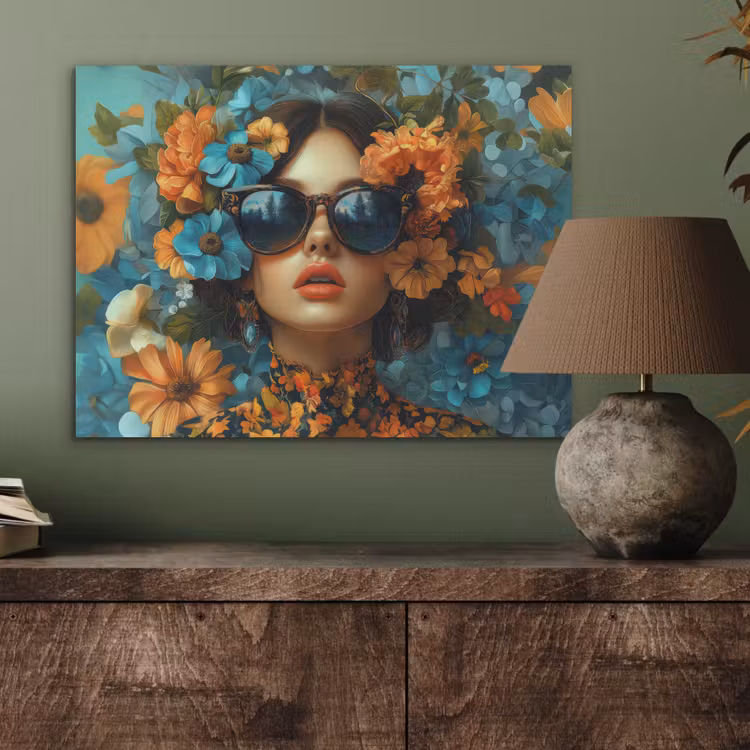Vrouw - Bloemen - Oranje - Blauw - Modern PET vilt klein -sfeer2
