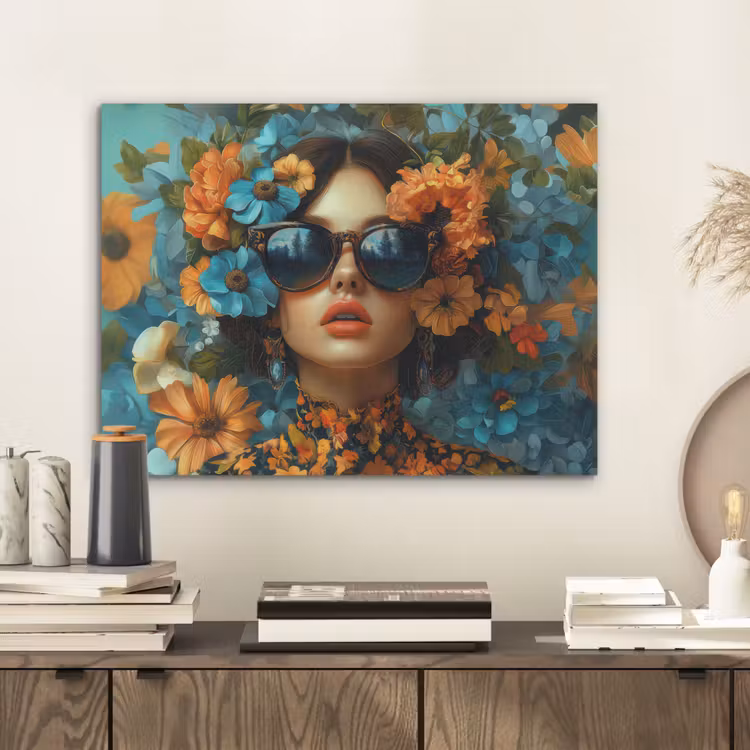 Vrouw - Bloemen - Oranje - Blauw - Modern PET vilt klein -sfeer1