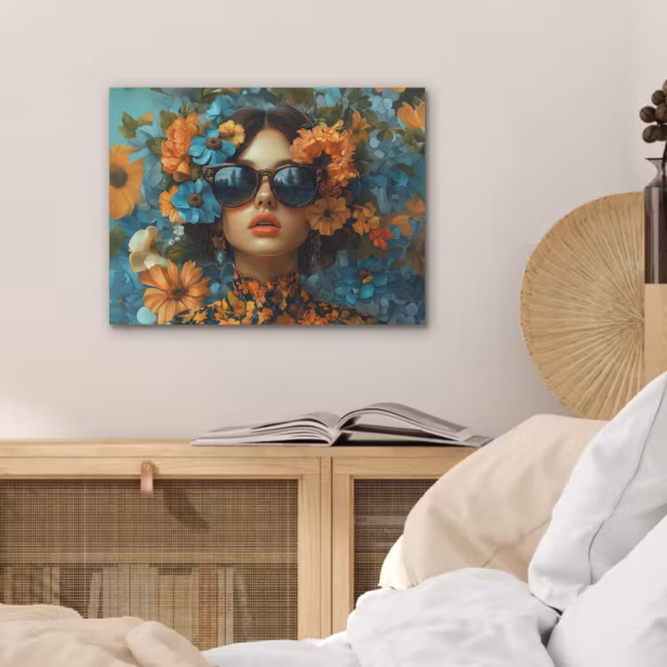 Vrouw - Bloemen - Oranje - Blauw - Modern PET vilt klein -sfeer3
