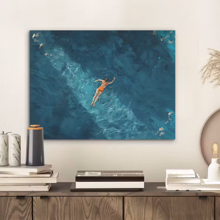 Vrouw - Water - Bikini - Oranje PET vilt klein -sfeer1